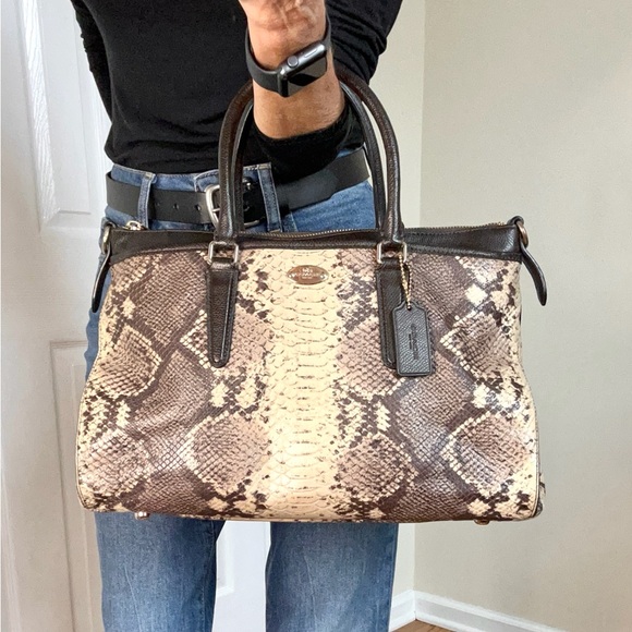 Coach Morgan Satchel Snake Skin / Python Embossed Brown Cream Cross Body Bag - Picture 4 of 13